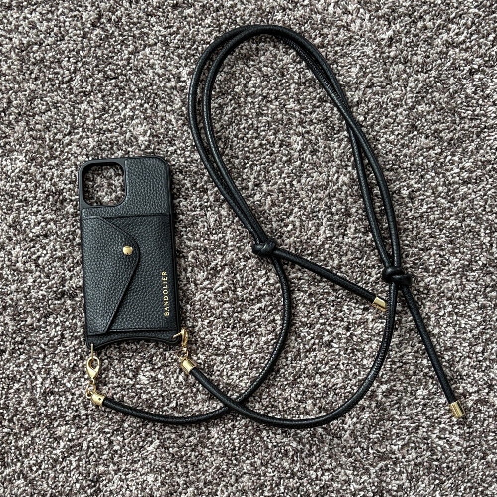 Bandolier Black Pebbled Leather iPhone 10 Case with Adjustable Strap